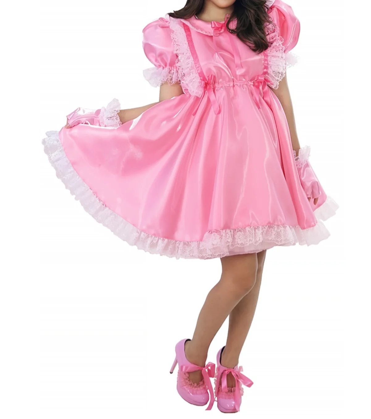 

Sparkling Satin Bubble Sleeves With lace Trim Elastic Waistband Exquisite Lace Decoration Collar With A Short Butterfly In The M