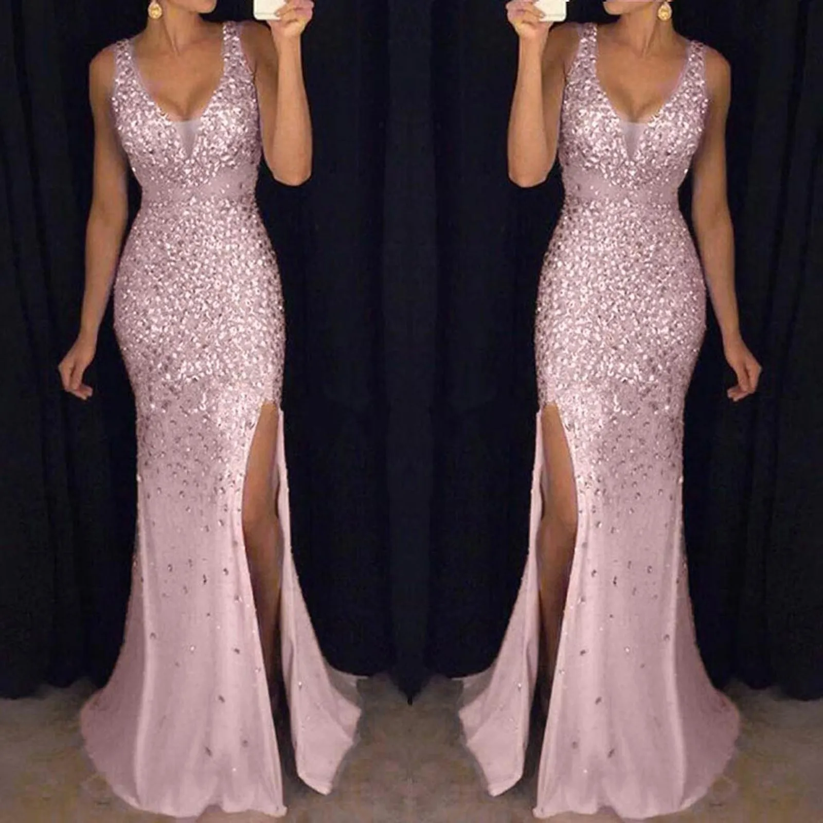 Women's Formal Dresses Sleeveless Glitter Sparkly Sequins Side Slit Elegant Party Dresses For Women Cocktail Prom Evening Dress