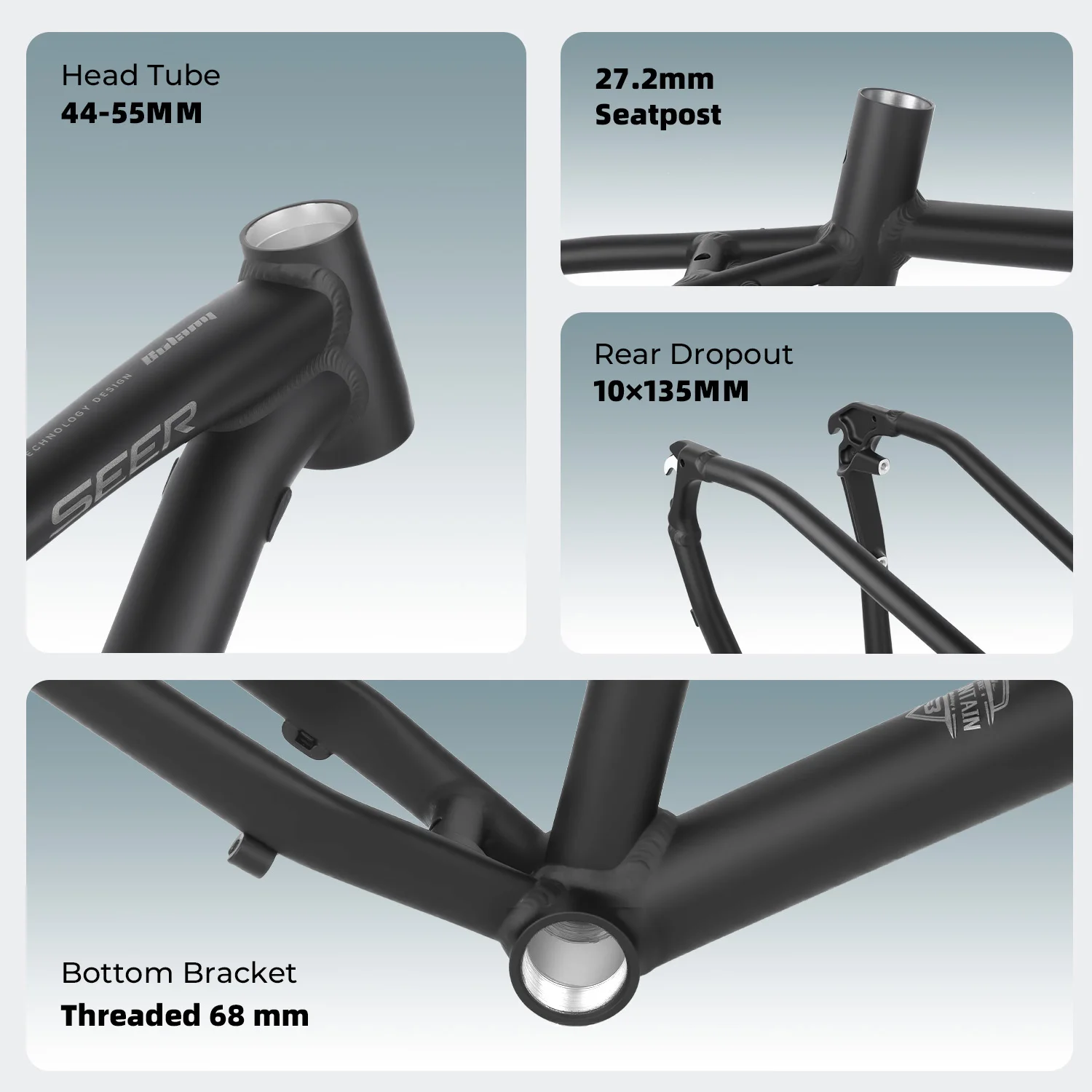 BOLANY XC MTB Frame 27.5er Ultra-lightweight 44x55mm Tapered Head Tube Bicycle 10x135mm Quick Release Aluminum Alloy Bike Frame
