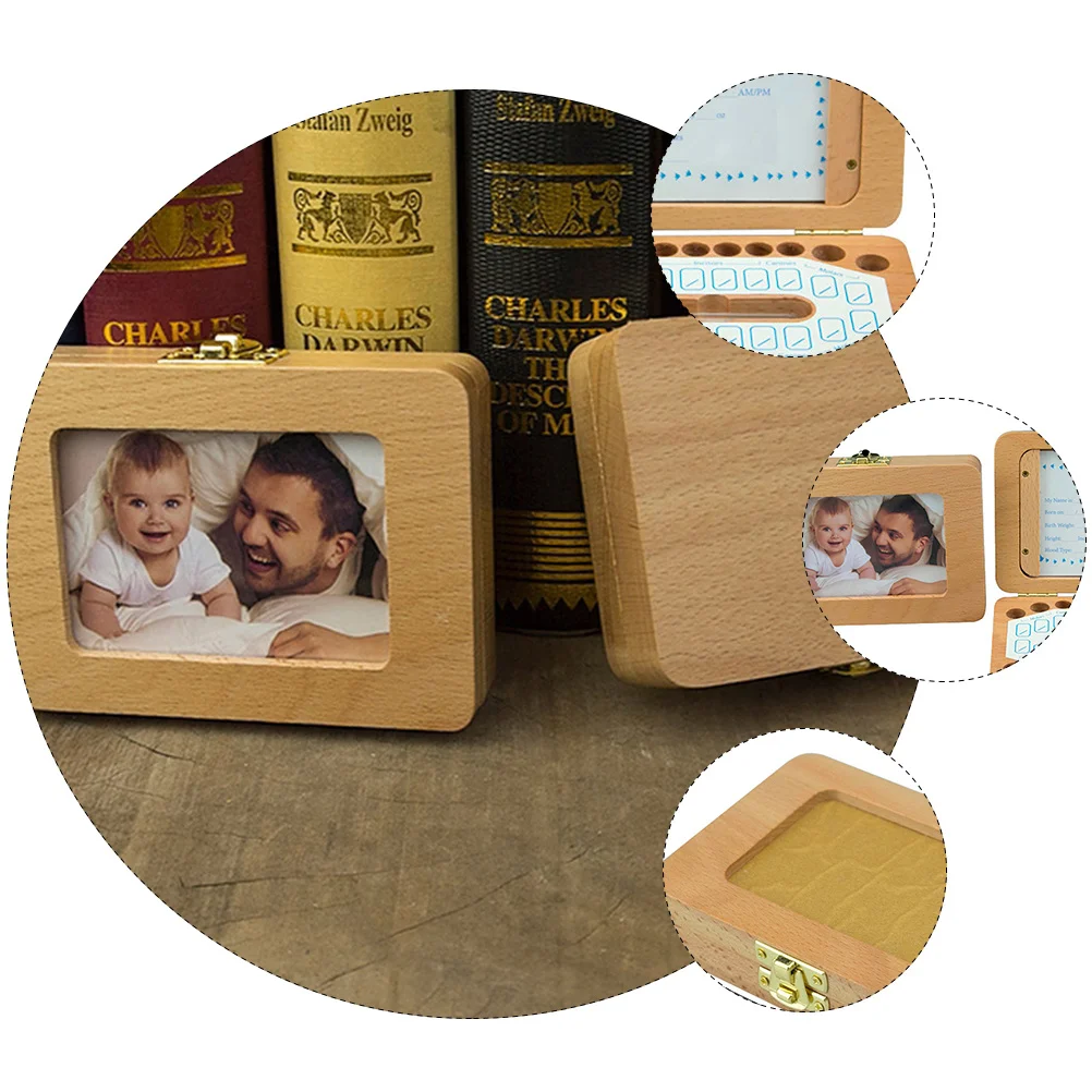 1Set Baby Teeth Organizer Wooden Deciduous Tooth Storage Box for Collecting Baby Teeth Photos Birth Info Deciduous Tooth Holder