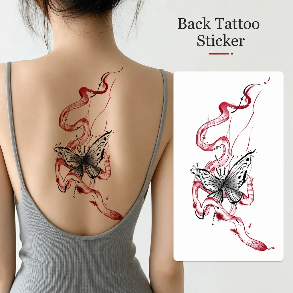 1 Sheet Per Pack Temporary Tattoo Sticker Red and Black Waterproof Long Lasting Butterfly Snake Fine Line Back Spine for Women