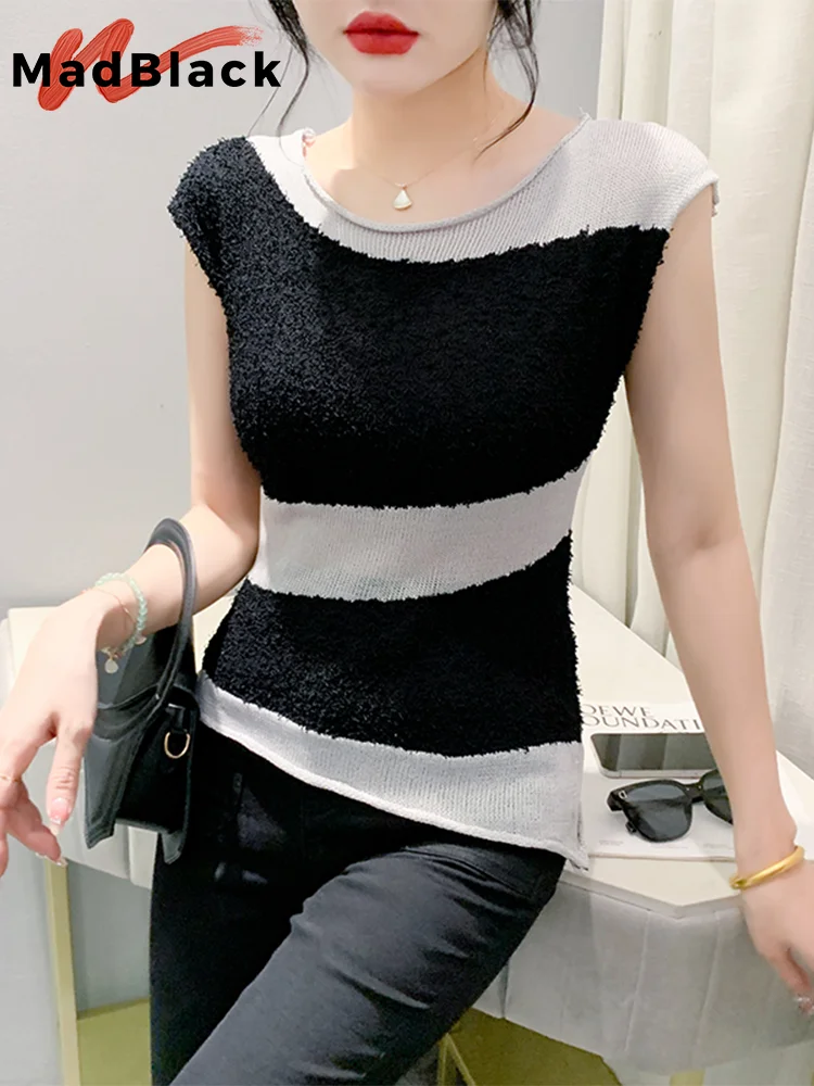 MadBlack Clothes Tshirts Women Sexy Transparent Patwork Slim Knitted Pullover Tops Short Sleeve Tee Summer New 2024 T44681JM