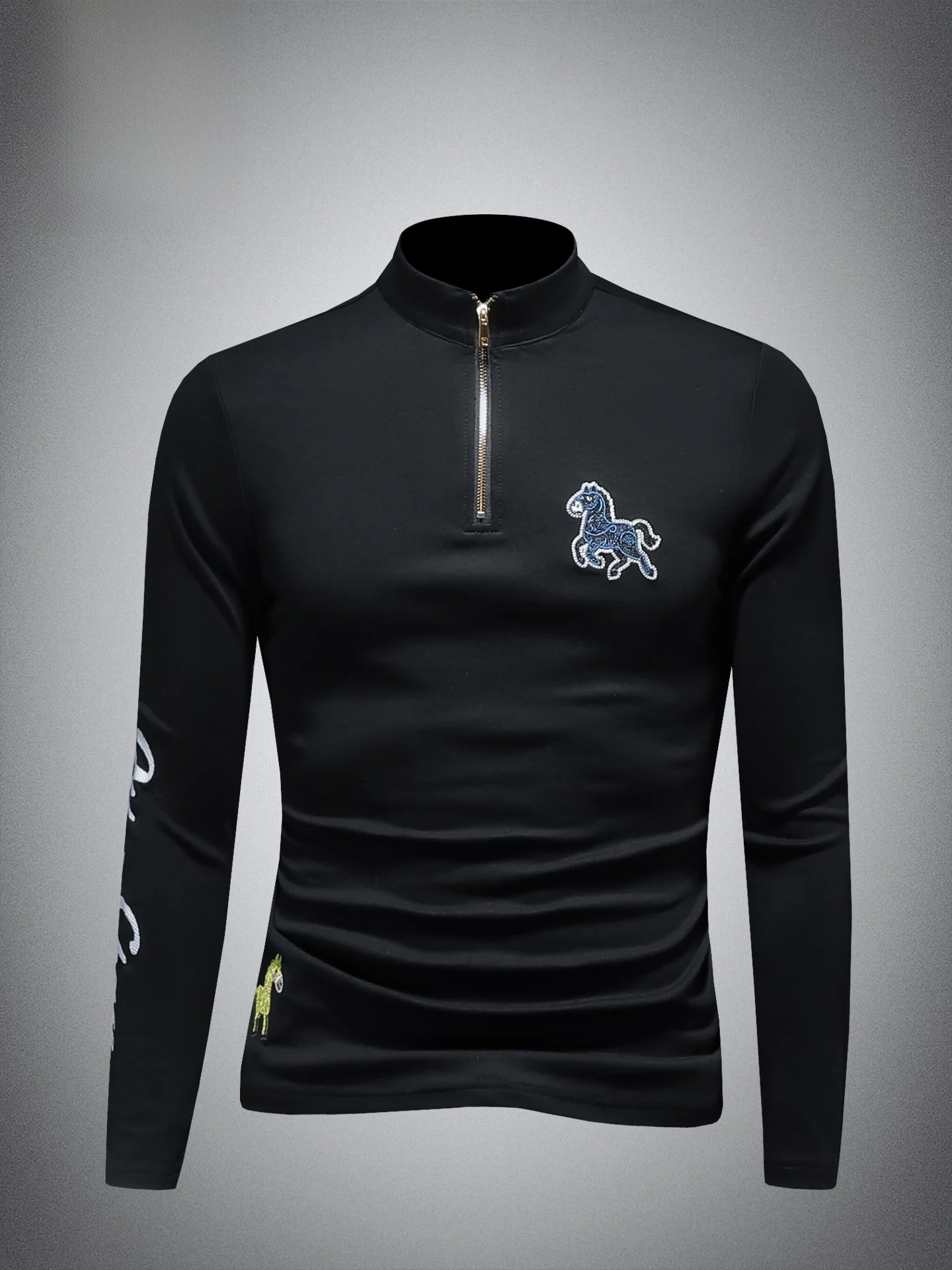 

Мужская футболка с вышивкой, на молнии, с высоким воротником, длинным рукавом, на флисовой подкладке, приталенная, в корейском стиле, базовая