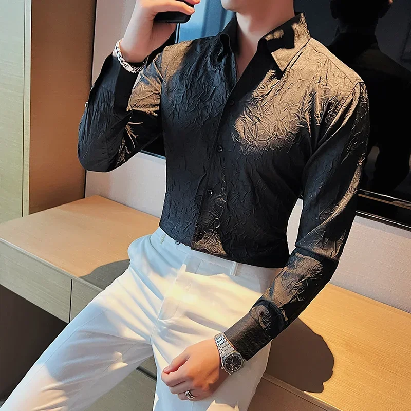 Quality V Neck Long Sleeve Shirt For Men Clothing 2024 Simple Folds Design Slim Fit Casual Prom Tuxedo Business Formal Wear Sale