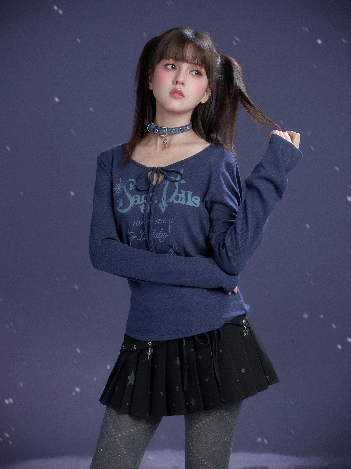 

SagiDolls Blue Print Long Sve round Ne T-irt Loose Fit Versatile Sle Slimming Effect Casual Wear for Ladies