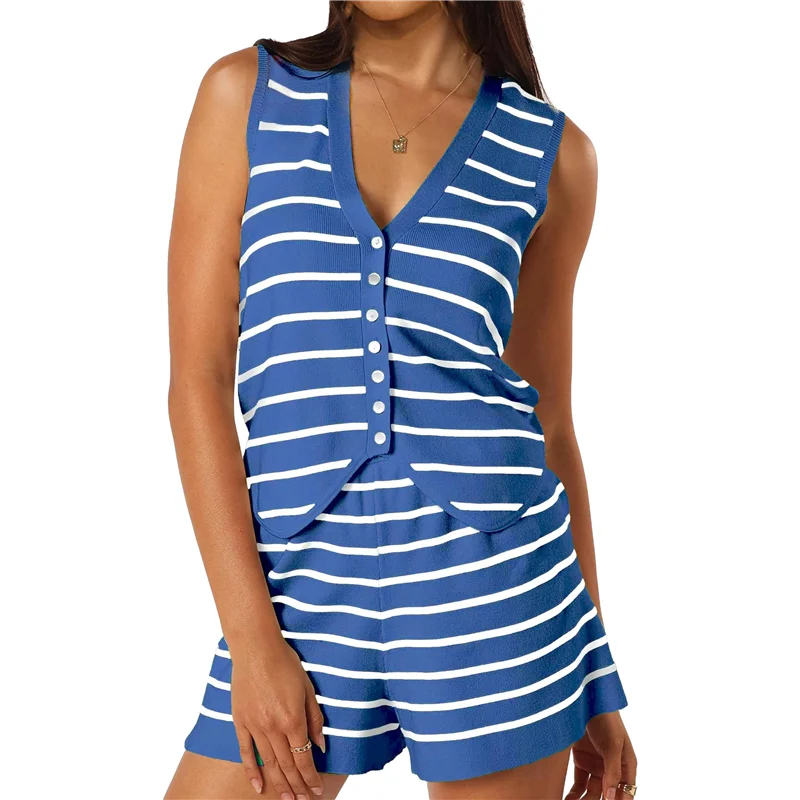 

ABRT-Women 2 Piece Outfits Summer Knit Striped Matching Set Button Down V Neck Vest Shorts Sets