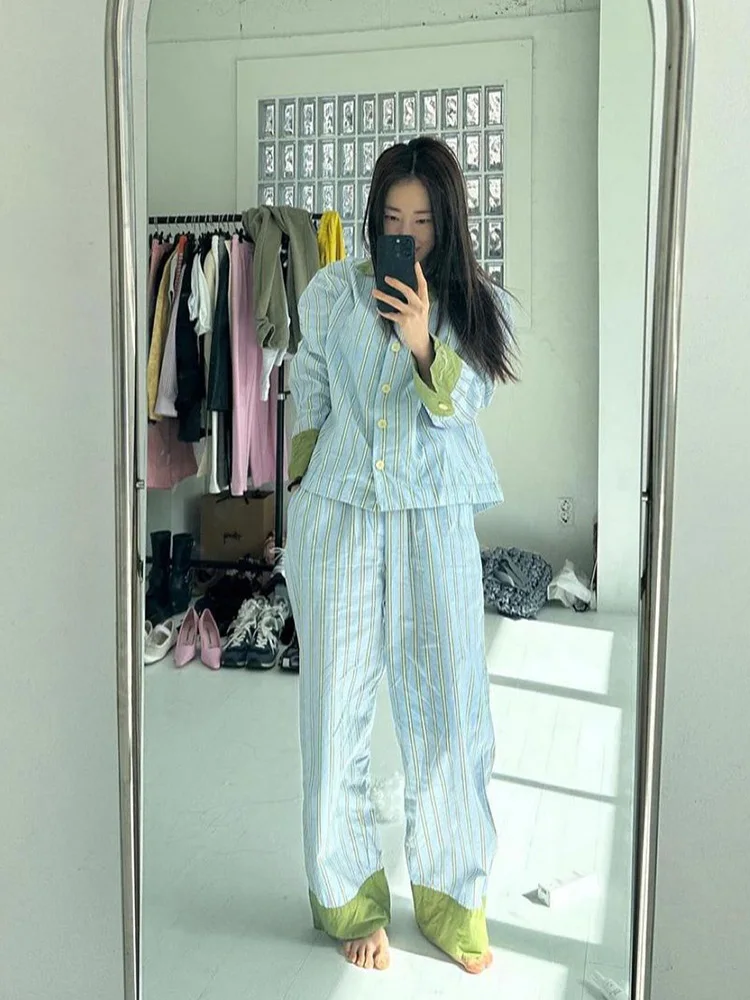 

Women's Korean Sle Long Sve Striped Spwear Loose Pants Home Clothes Set Sweet Sle Button Decoration Autumn New