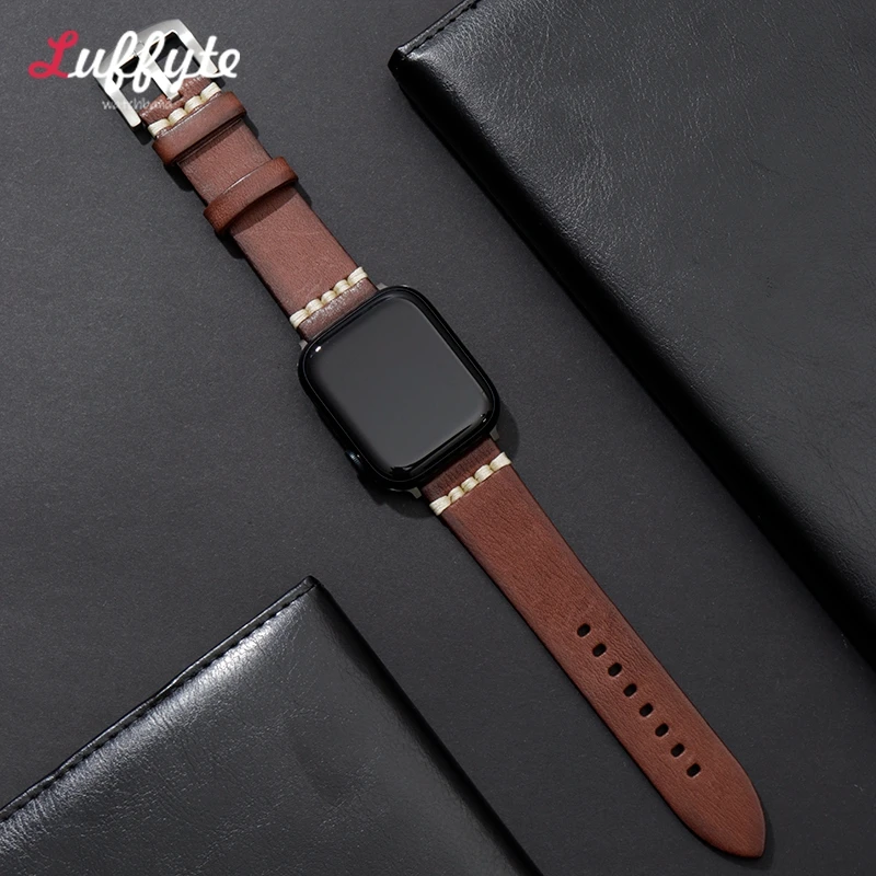 Genuine Leather Strap for Apple Watch Band Series 9 8 7 6 5 SE Leather Strap for IWatch Ultra 49mm 45mm 44mm 41mm 40mm 38mm