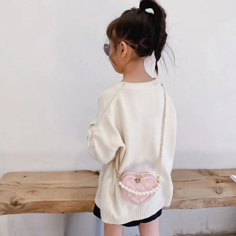 Borsa a tracolla Mini borsa a tracolla per ragazze con manico in perla portafoglio principessa portamonete borse a tracolla a forma di cuore per bambini carini