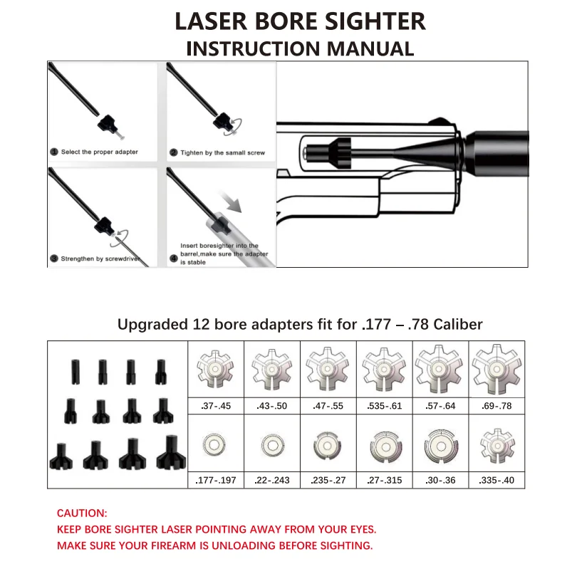 Bore Sight Kit 12Adpaters Laser Boresighter from .177 .22 Caliber to.78 Laser Collimator Bore Sight