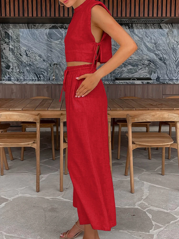 여성 O넥 민소매 레이싱 탑과 포켓 팬츠 슈트 봄 여름 캐주얼 루즈 솔리드 여성 투피스 세트 스트릿웨어