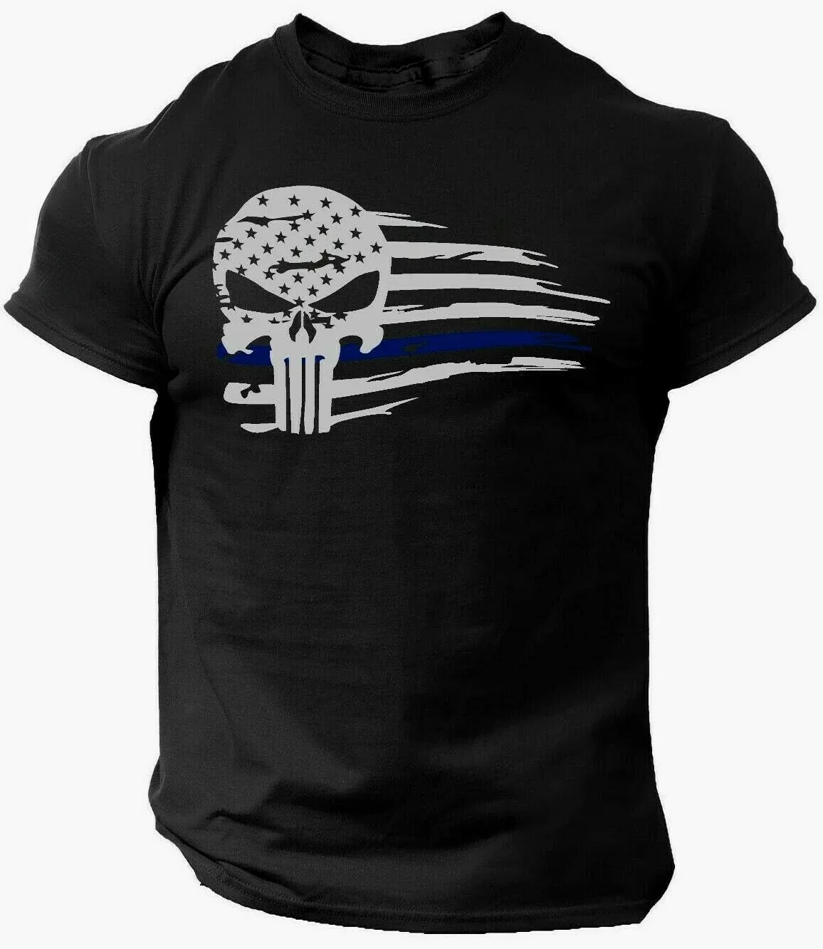 Camiseta militar azul do crânio, bandeira do guerreiro dos EUA, punidor, crânio patriótico, ginástica