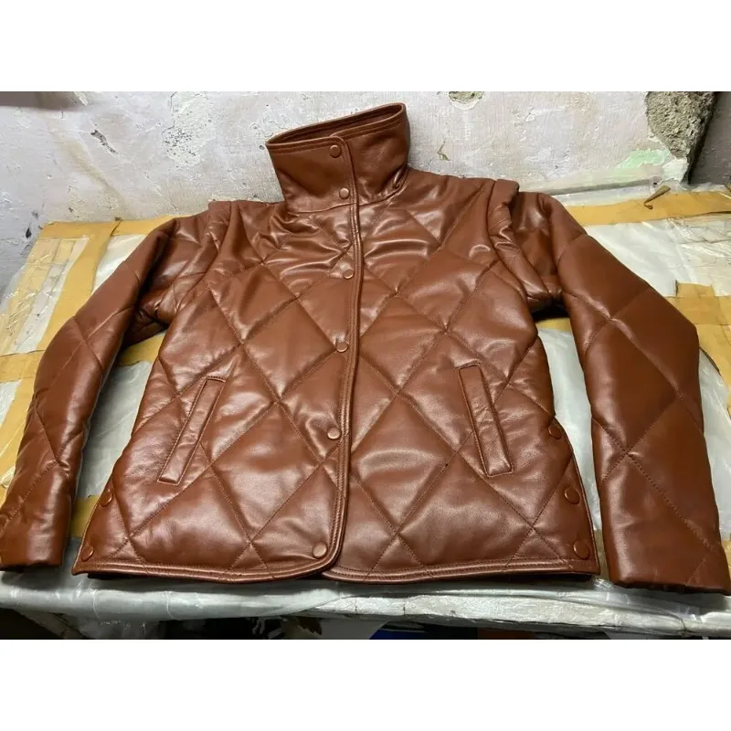 

Women Real Lambskin Leather Puffer Jacket Tan Brown Padded Winter Coat