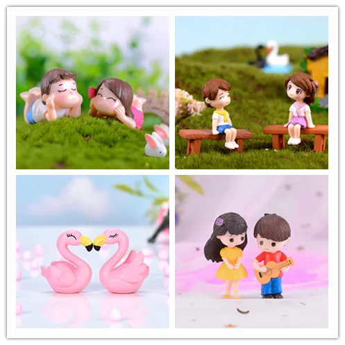 Microlandscape Stool Couple Decoration Key Chain Pendant Flamingos Decoration Plastic Couple Animal Gardening Accessories