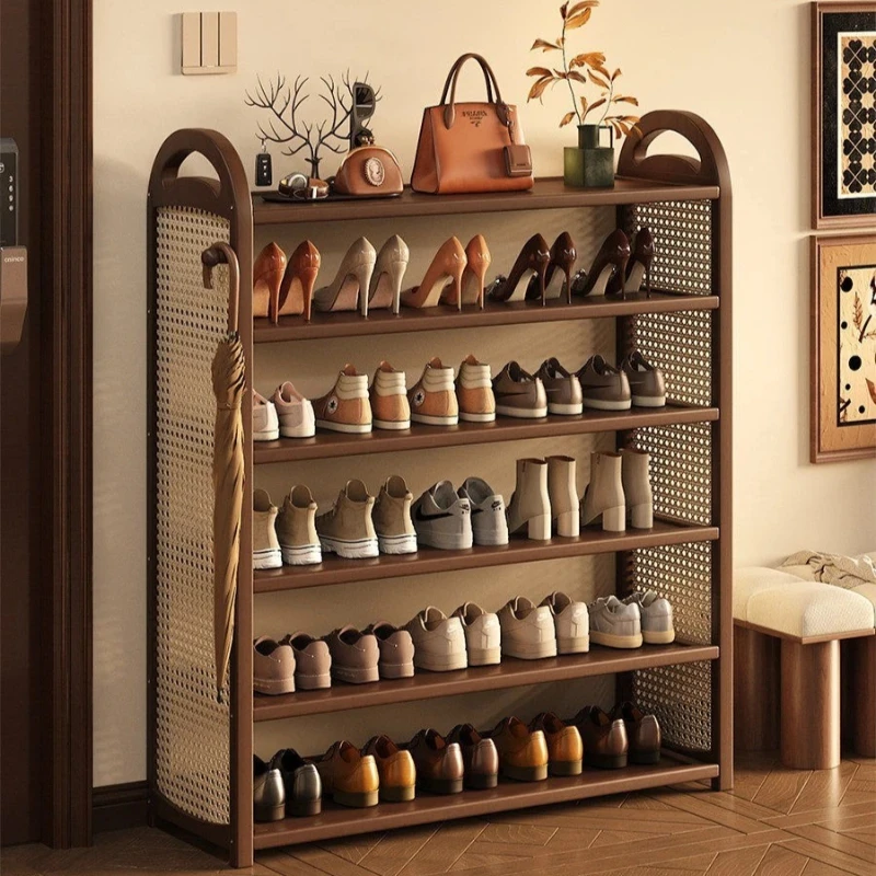 Mehrschichtiger minimalistischer Schmaler Schuhschrank im Vintage-Stil, Geflochtenes Schuhregal, Minimalistisches Schuhaufbewahrungsregal, Aufbewahrungsregal