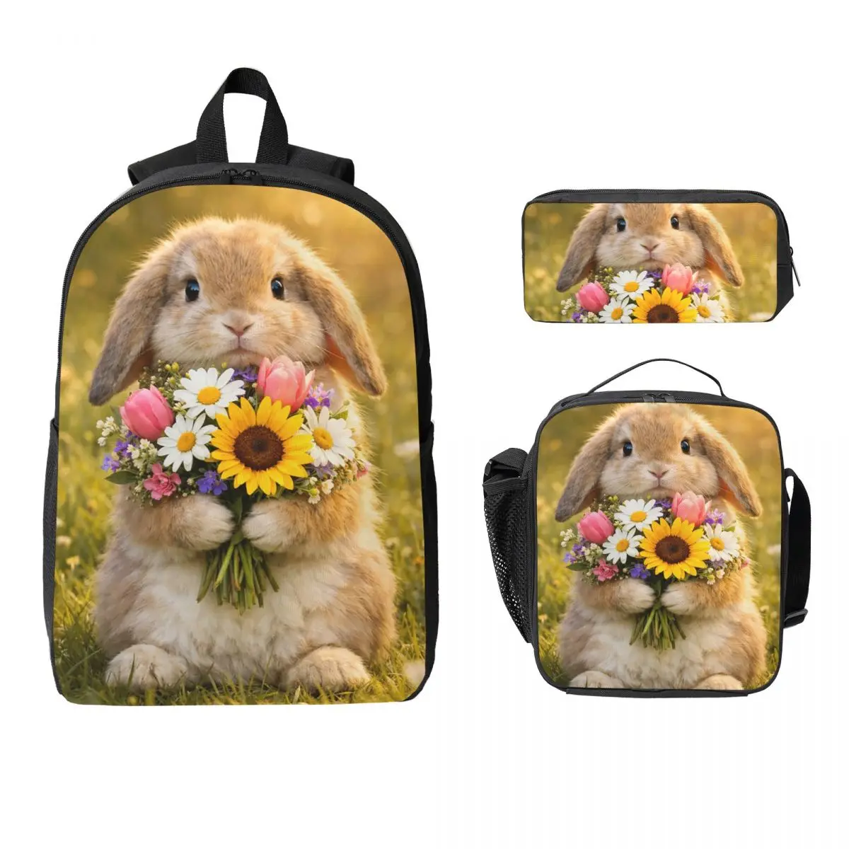 Kawaii Bunny And Flower Realistic Backpack Student BookBag School Bag Laptop Shoulder Bags 3ps Insulated Lunch Bag Pencil Case