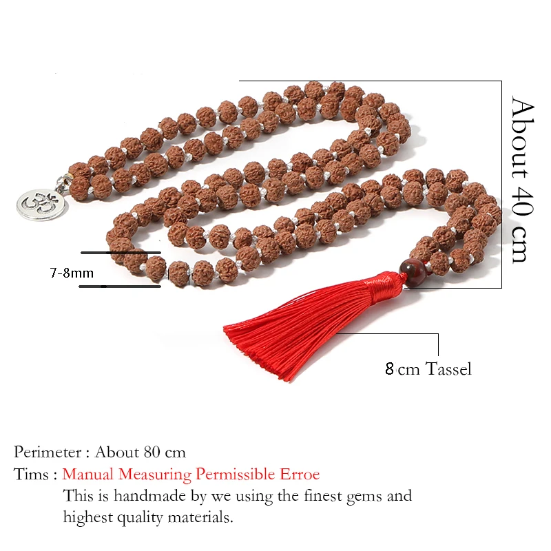 Natural Rudraksha Knotted 108 Mala Bead Necklace Meditation Yoga Declaration Blessing Prayer Red Tassel Pendant Jewelry