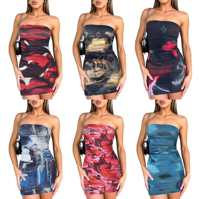 

Women Bodycon Dress Printed Bandeau High Waist Ruched Elastic Hip Wrap Sexy Slim Fit Mini Streetwear Dress