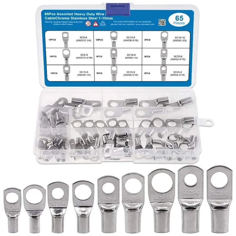 ELECTRAPICK 65pcs Boxed SC6-SC25 Sets Wire Eyelets Ring Tinned Peeps Terminal Battery Cable Shoes High Strength Kits