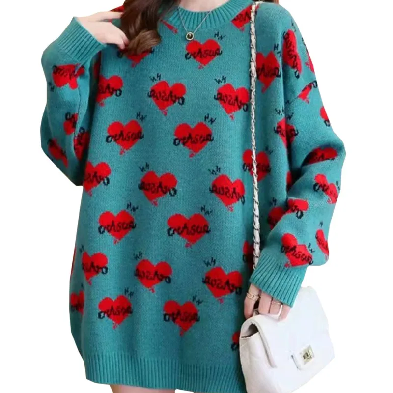 Autumn Winter Loose Oversized Woman's Sweater Harajuku Letters Heart-shaped Gentle Knittshirt Green Pullover Fashion Female