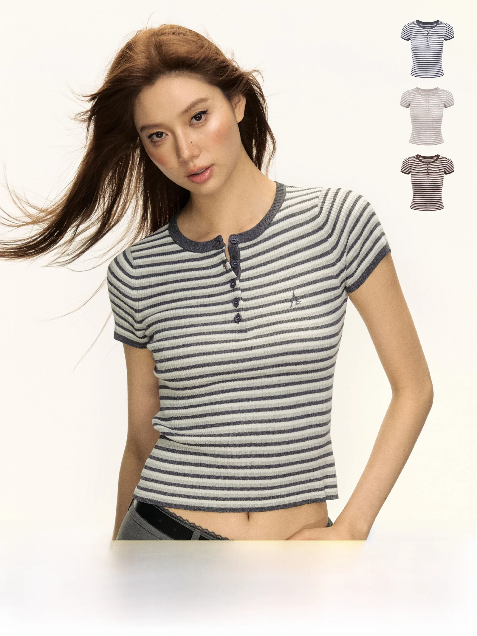 

Футболка Ariseism American Retro ort oulder Striped Knitted ort Sve Женская летняя облегающая футболка Street Sle round Ne