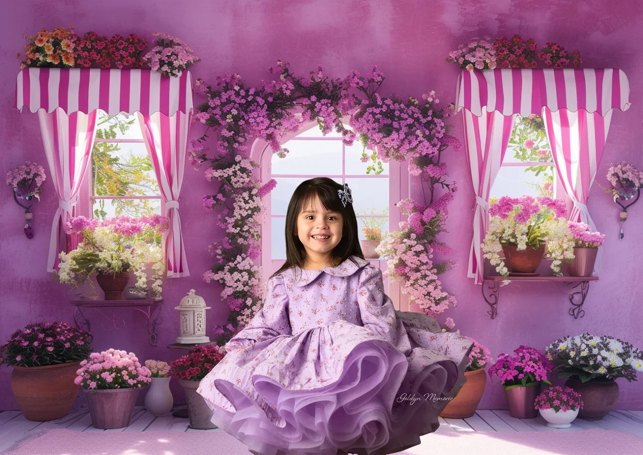 Spring Photography Backdrop Flower Shop Colorful Scenes Floral Decor Sets Light Violet Birthday Portrait Background Photo Studio