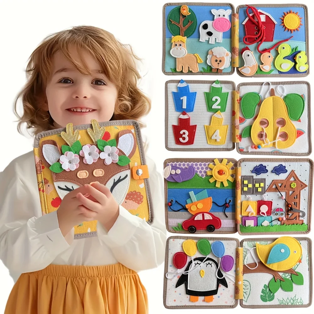 인터랙티브 바쁜 보드가있는 벨벳 농장 이야기 책 동물 야채 모양 시즌 인식 유아를위한 조기 학습 장난감