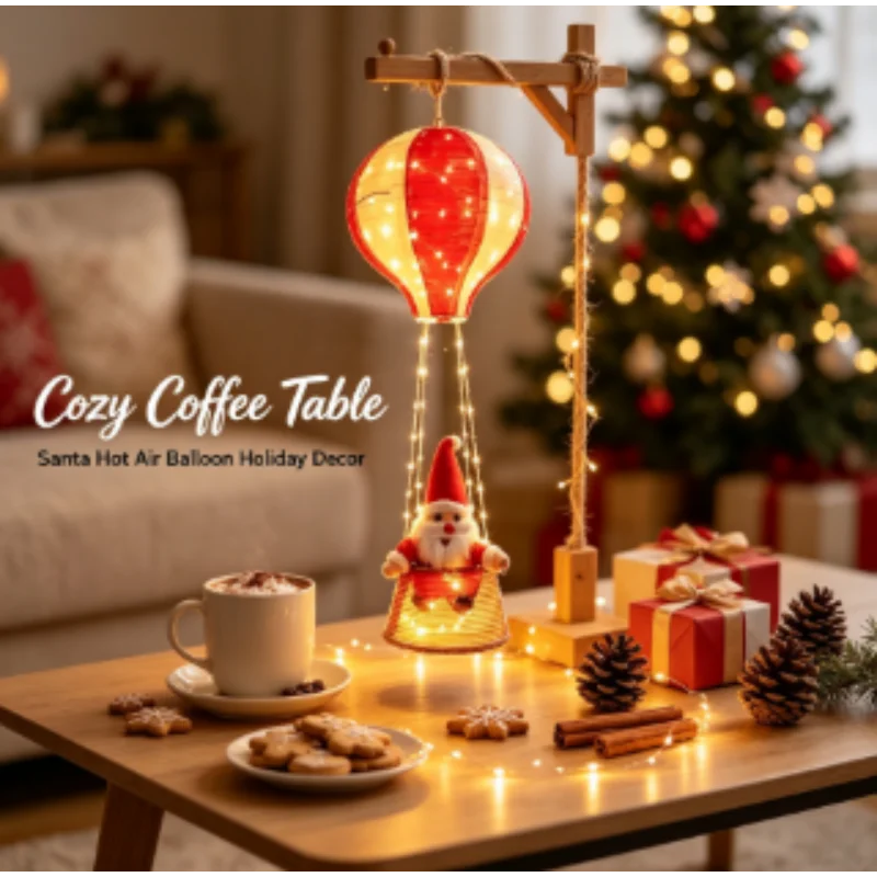 Santa Claus Hot Air Balloon with String Lights Indoor Christmas Holiday Creative Festive Scene Decoration Home Party Decor
