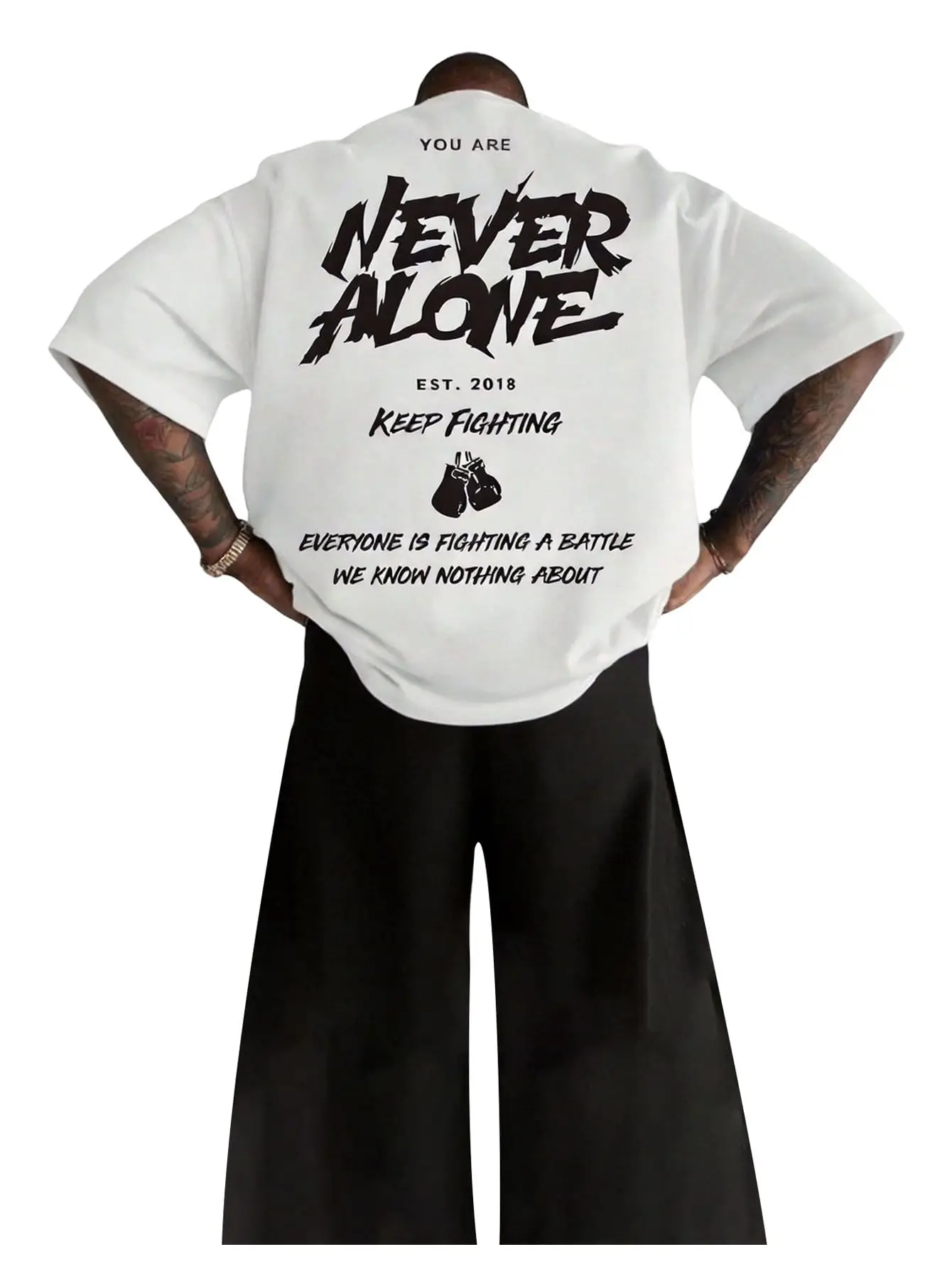 Men Oversized Boxing T-shirt Never Alone Motivational Quote Back Print Graphic Tee Hip Hop Street Wear Casual Short Sleeve Top