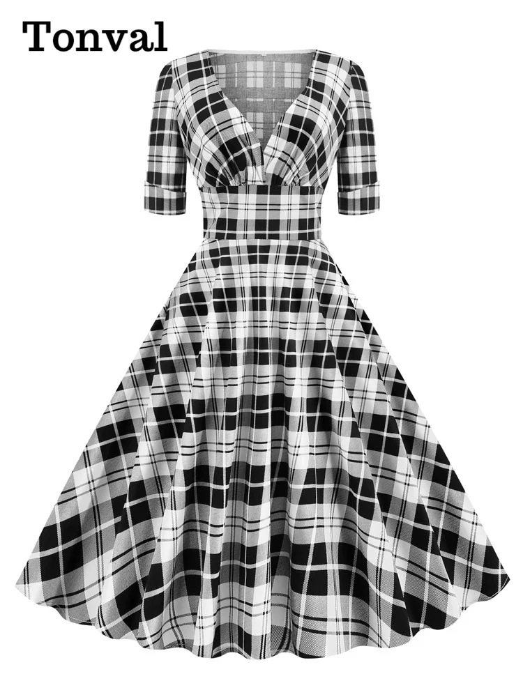 Tonval Plaid High Waist Tartan Vintage Half Sleeve Spring Dress Women V-Neck Elegant Party Rockabilly Cotton Midi Dresses