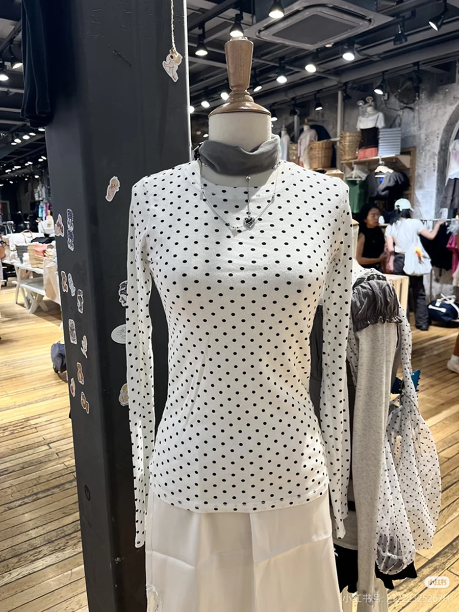 Polka Dot White Slim T-shirts Woman Autumn Cotton Round Neck Long Sleeve Tee Tops Female Casual Sweet Preppy Style Tshirts New