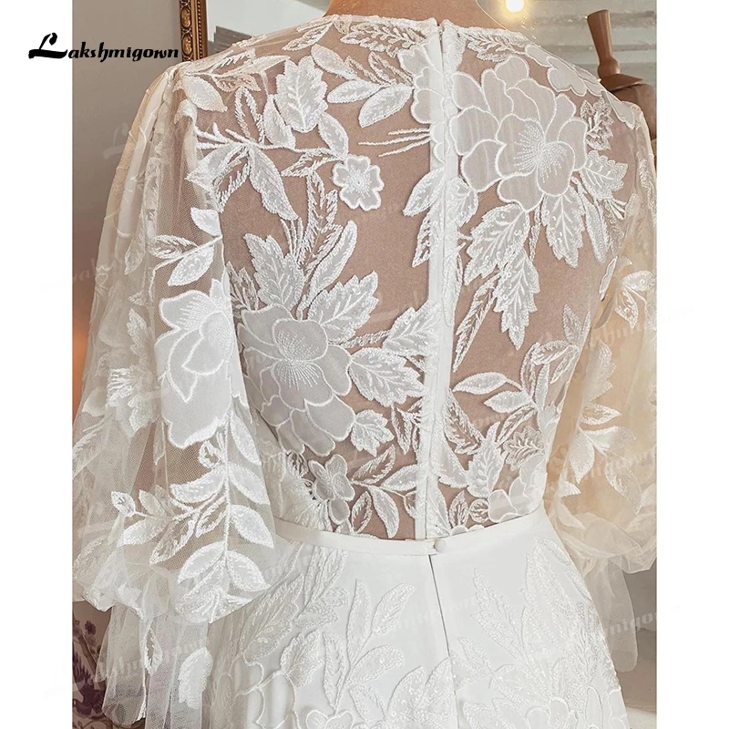 Boho a-line vestidos de casamento sexy decote em v meia lanterna manga voltar ilusão cinto de renda vestidos de noiva tule varrer robe novia