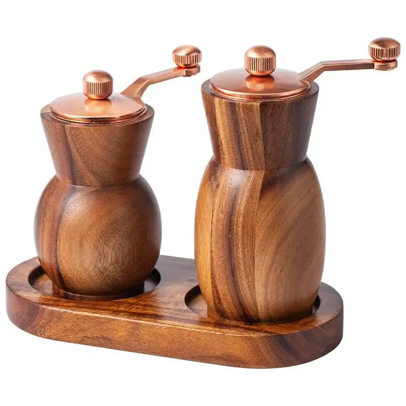 Hand Cranked Acacia Wood Salt Pepper Grinder Set Vase Black Pepper Grinder Rose Salt Mill with Base Salt Shaker Grinder BBQ Tool