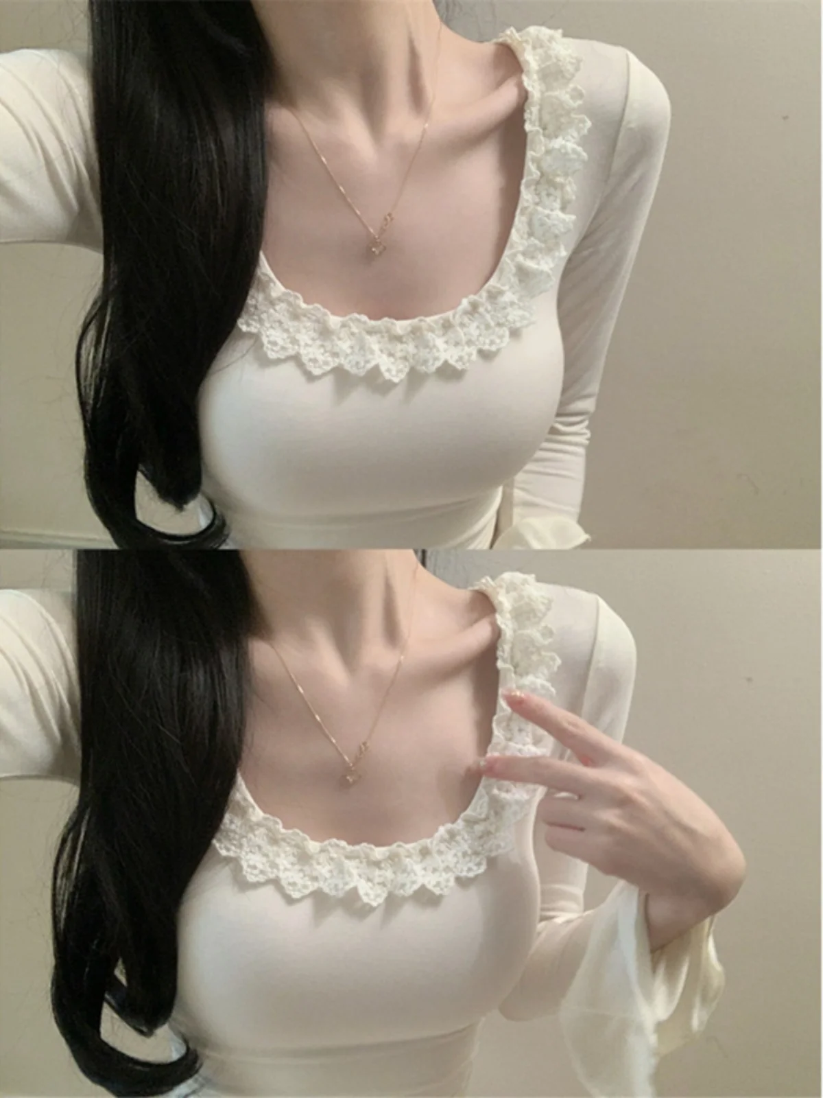 Delicate Long Sleeve Base Layer Shirt Women's Tight Short Style Beautiful Floral  Splicing Autumn Winter Small Top