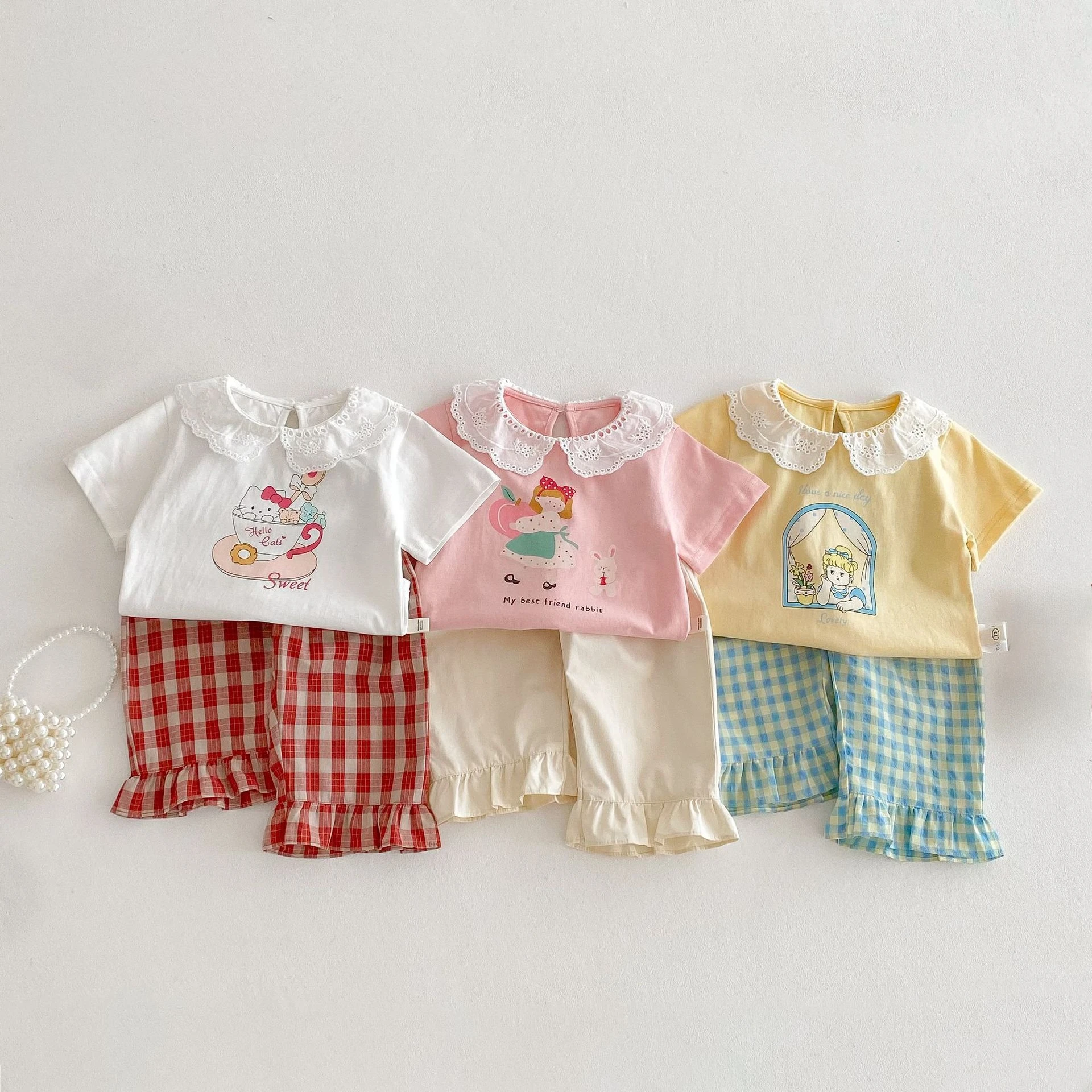 

Girls solid color straight-leg pants summer children's foreign style classic plaid casual pants baby Korean pants set