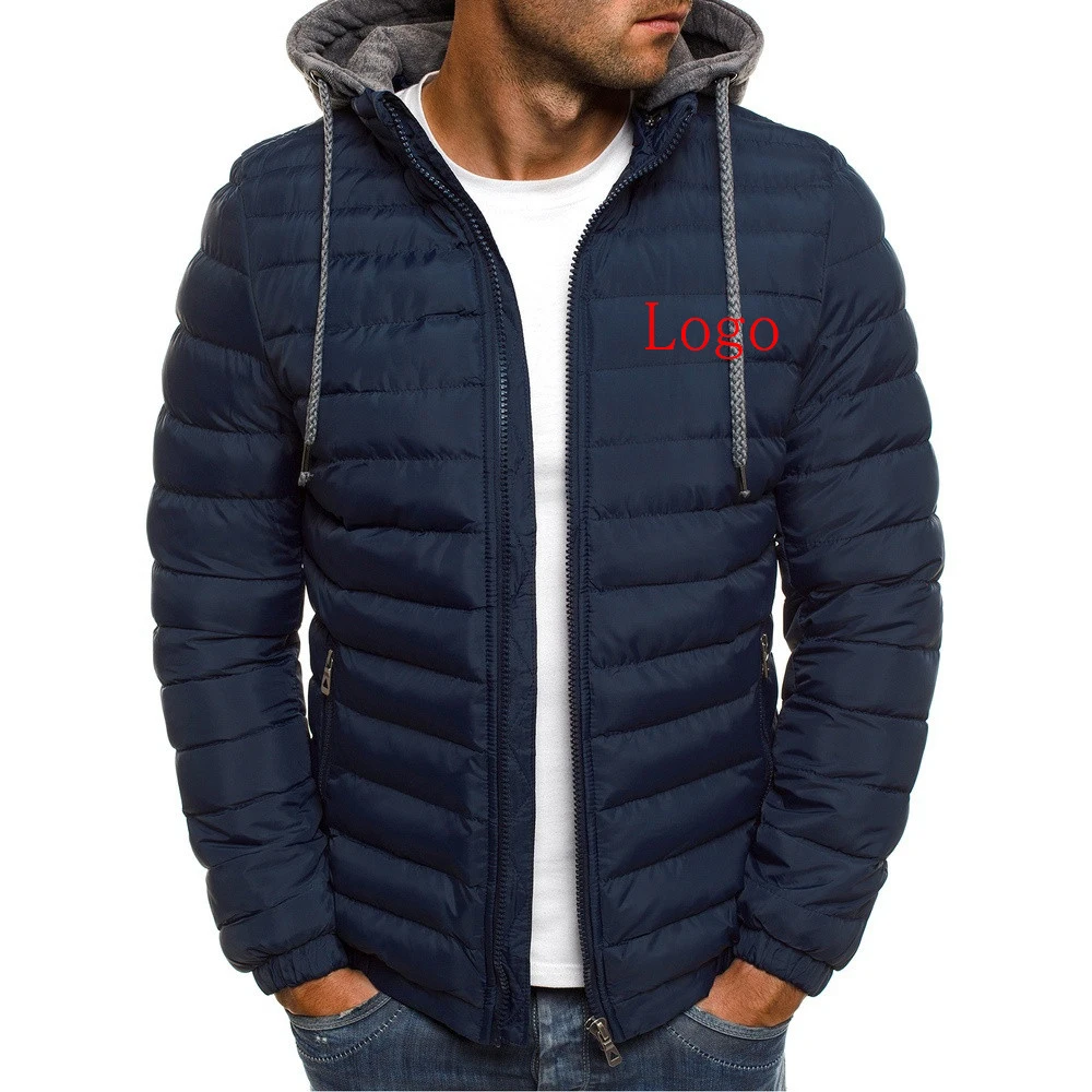 Custom LOGO Men Jacket Brand Winter Warm Zipper Hooded Pocket Fashion Casual Streetwear Windproof Male Cotton-Padded Coat S-3XL