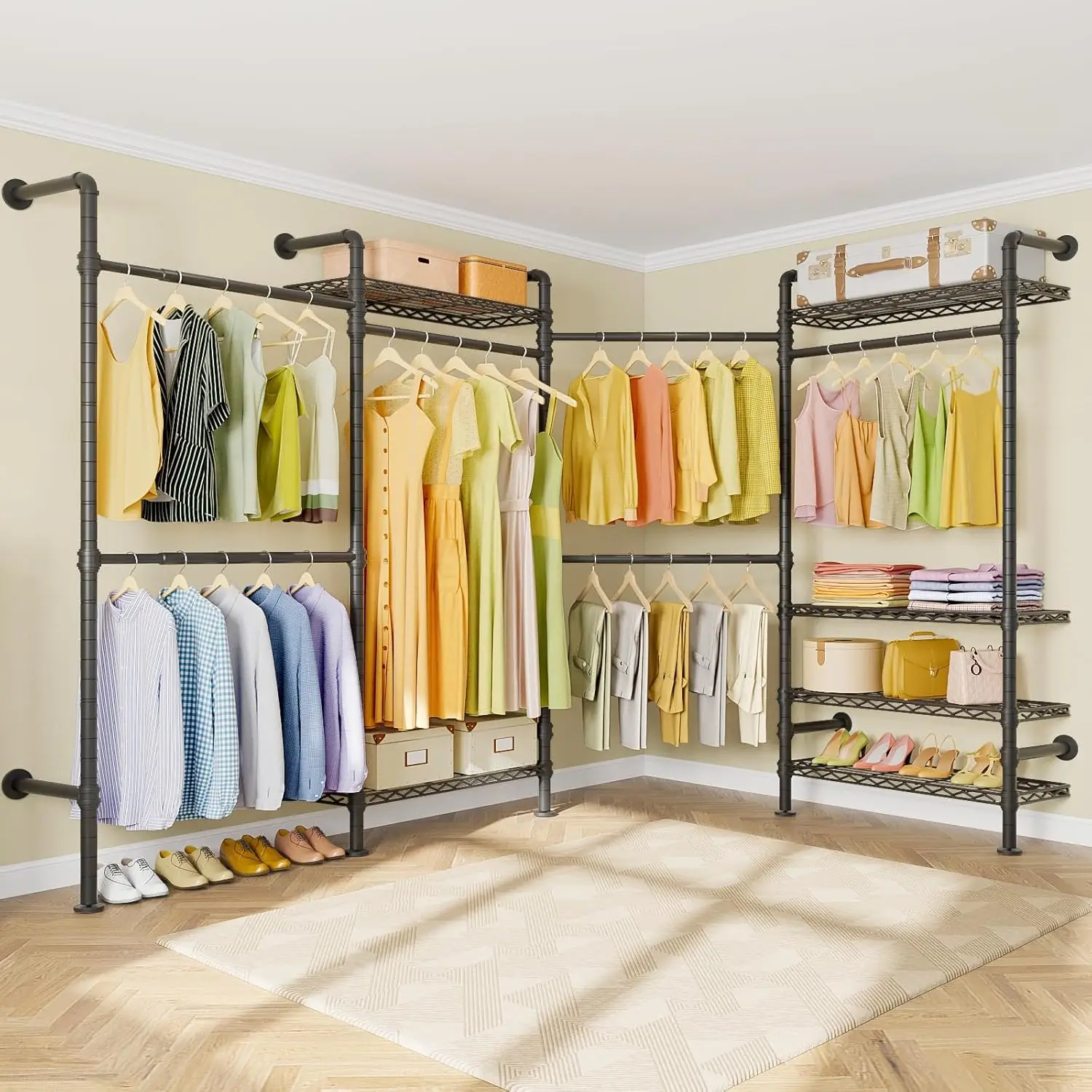 L4 L Shape Garment Rack Heavy Duty Clothes Rack for Hanging Clothes, Expandable Industrial Pipe Clothing Rack