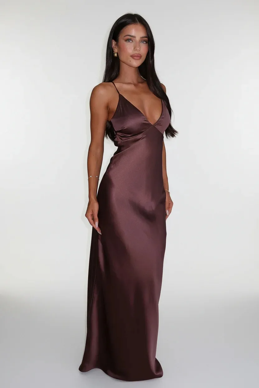 

Plus Size Chocolate Satin Evening Gown, Sexy V Neck Dress, Elegant Formal Prom Dress for Women, 2026 Graduation Party Dinner