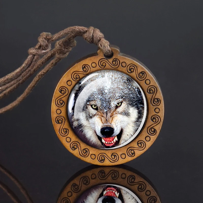 Wolf Glass Dome Necklace Men Vintage Wolf Head Wood Pendant Rope Chain Necklace Retro Jewelry