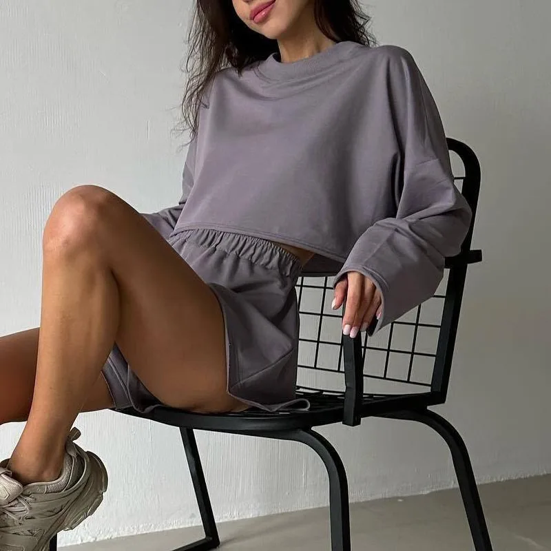 Long Sleeve Sweatshirt Shorts Set Women's Loose Casual Home Wear