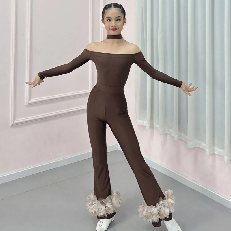 Kids Latin Dance Clothes Girls Long Sleeves Brown Tops Pants Practice Suit Cha Cha Ballroom Dance Performance Clothing DNV22004