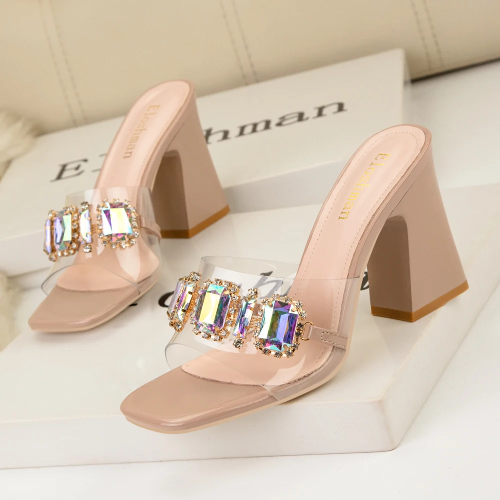 

Sexy Party Slippers for Women Mules High Heels Fashion Metal Chain Design PVC Transparent Sandals Ladies Slide Shoes