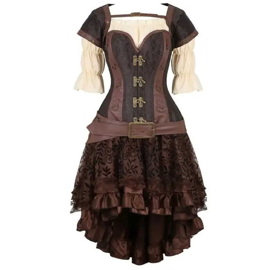 Steampunk Gothic Faux หนังรัดตัวเซ็กซี่ Bustier Top ไม่สมมาตรกระโปรงลูกไม้ดอกไม้ Renaissance เสื้อโจรสลัดชุดคอสเพลย์