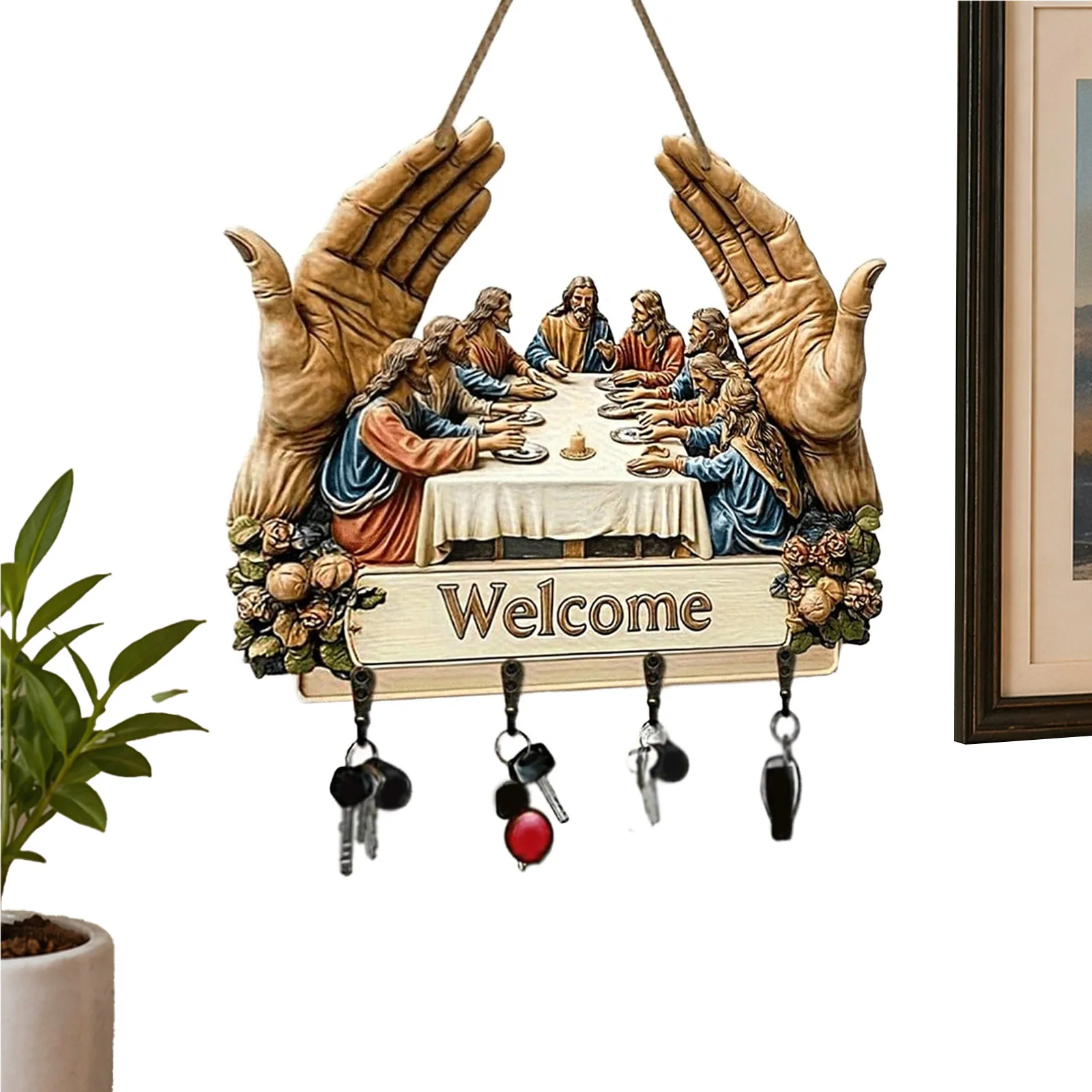 2D Jesus Disciples Key Rack Organizers with 4 Metal Hooks Small Keychains Organizer Racks Wear Resist for Entryway Hallway Entry