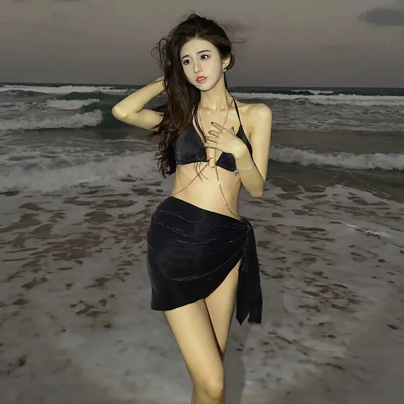 

Pure & Sexy 3 Piece Triangle Bikini Set with Chain Detail & Sheer Cover Up Women's Hot Spring Swimsuit Slimming Swim Dress