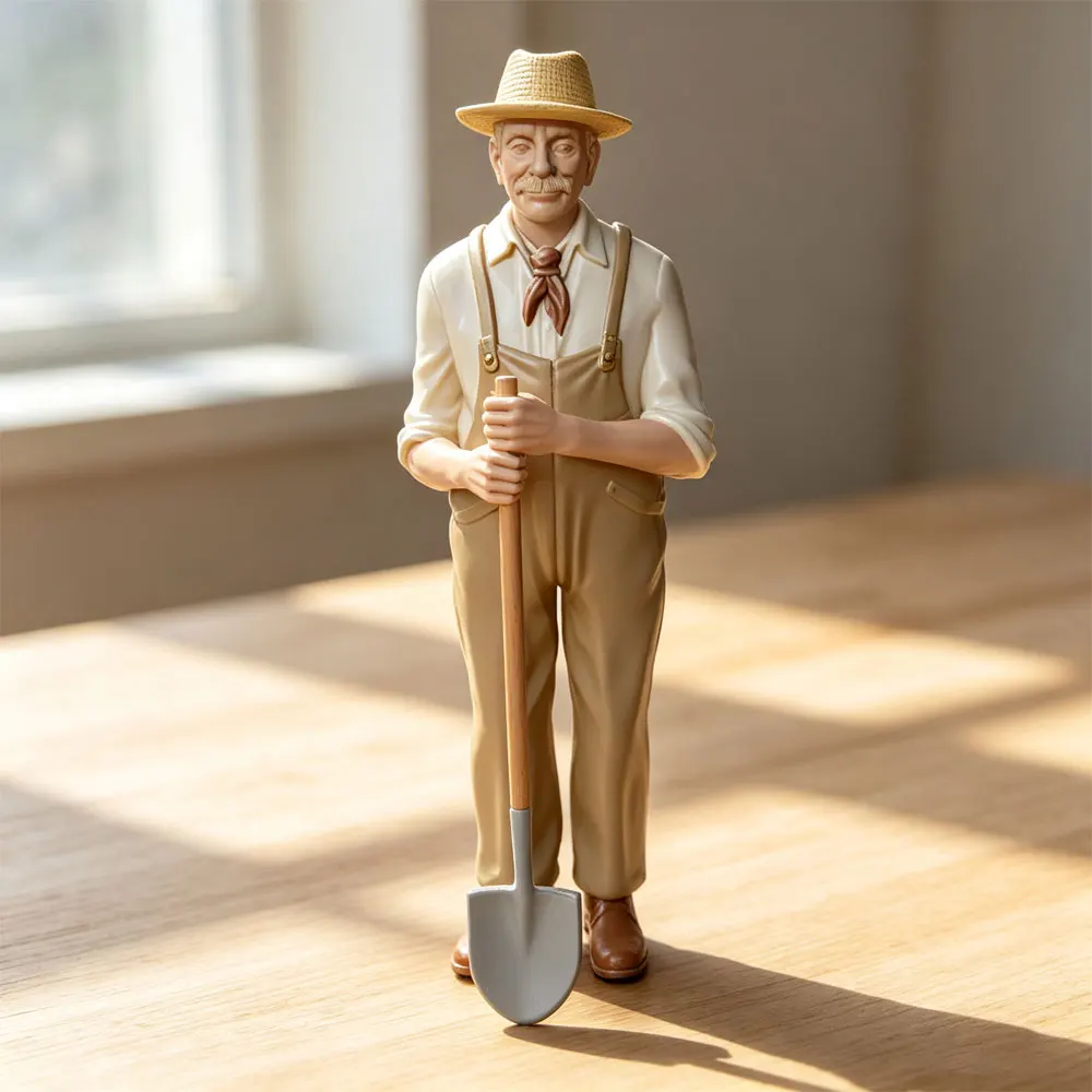 1/24 Desk ornament，realistic style image of an elderly farmer, GK mini 3D printed grey model statue, not colored
