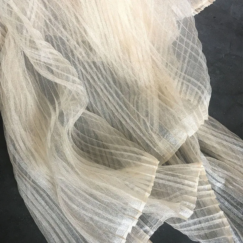 Pearlized Shiny Pleated Tulle Fabric Crinkle Sheer Mesh Net Fabric for Wedding Dress,Shirts,Veils,Decor,White,Grey,Champagne