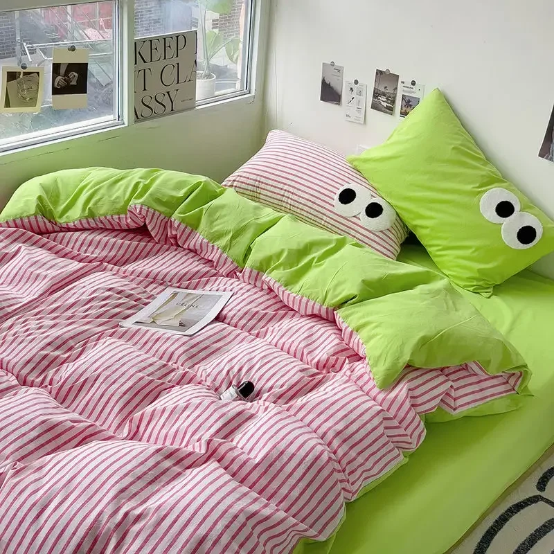 Korean Duvet Cover Set No Filler Pink Green Strips Cute Eyes Flat Sheet Pillowcase Single Double Size Boys Girls Bed Linen