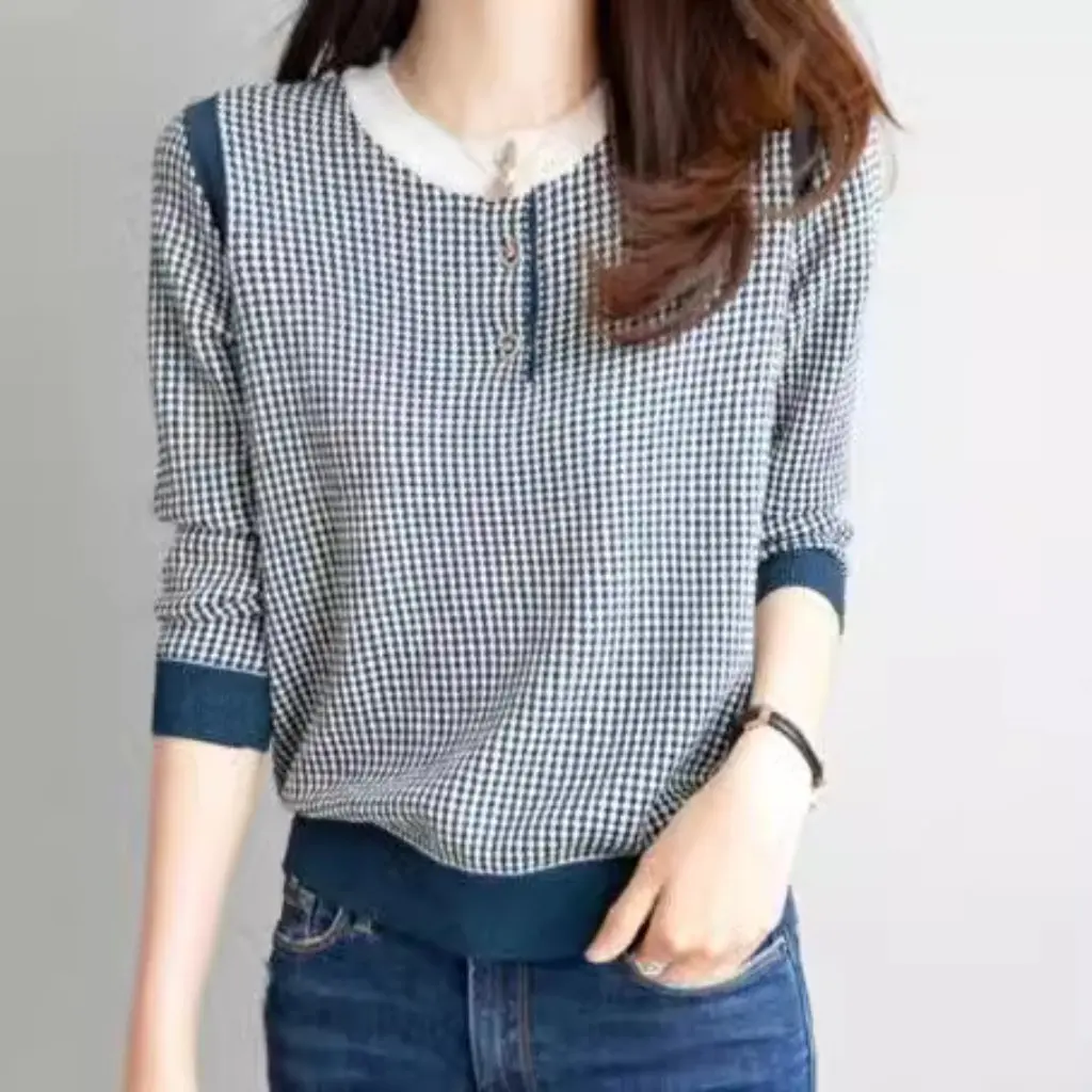

Women's Houndstooth Sweater Long-Sleeved Contrast Color Inner Trendy Base Top Spring Autumn New French Simple Design