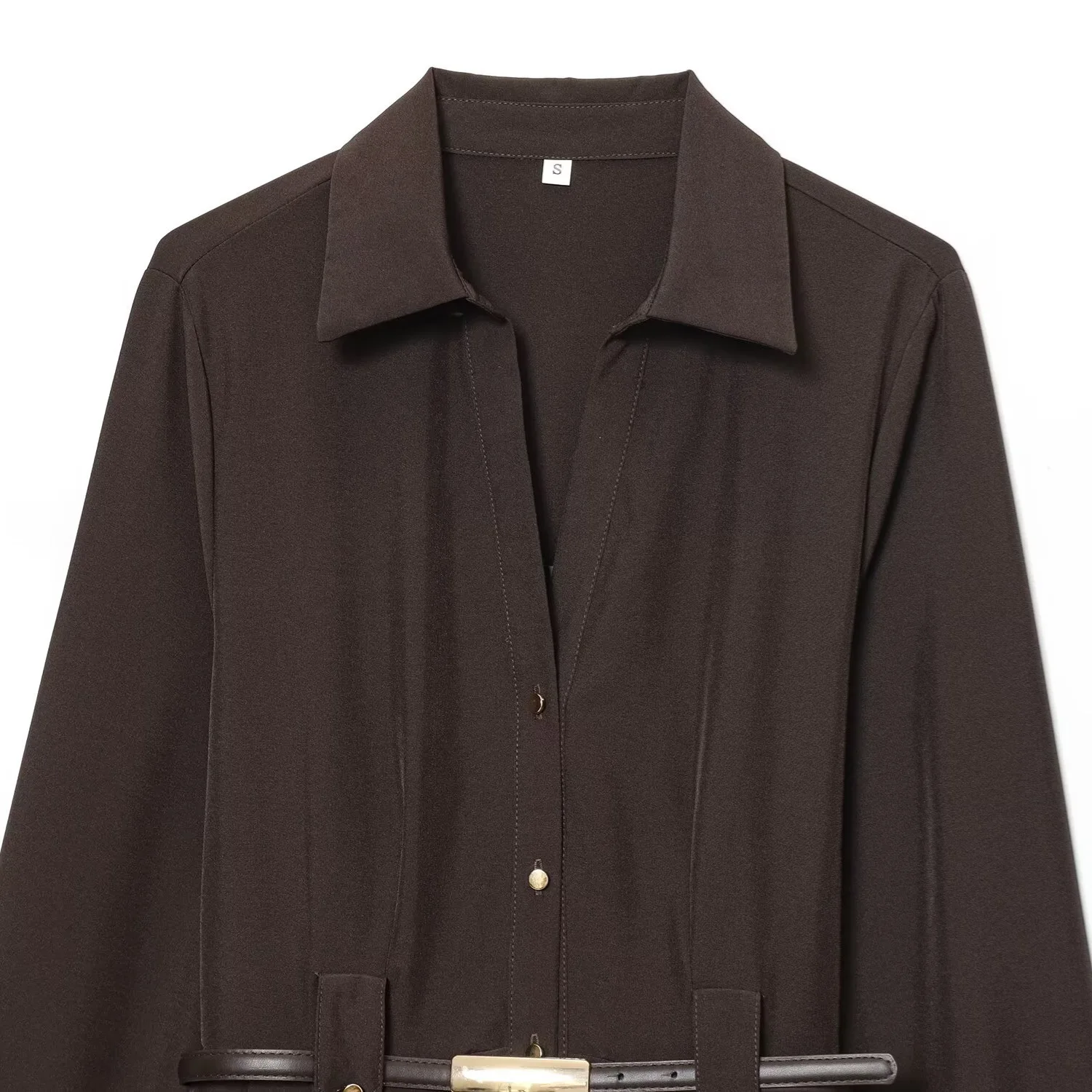 Herbst Damenmode Fit V-Ausschnitt Gürtel Elegantes langes Kleid Taille-Schlankheitsgürtel Hemd-Stil Midi Urlaub Casual Rock